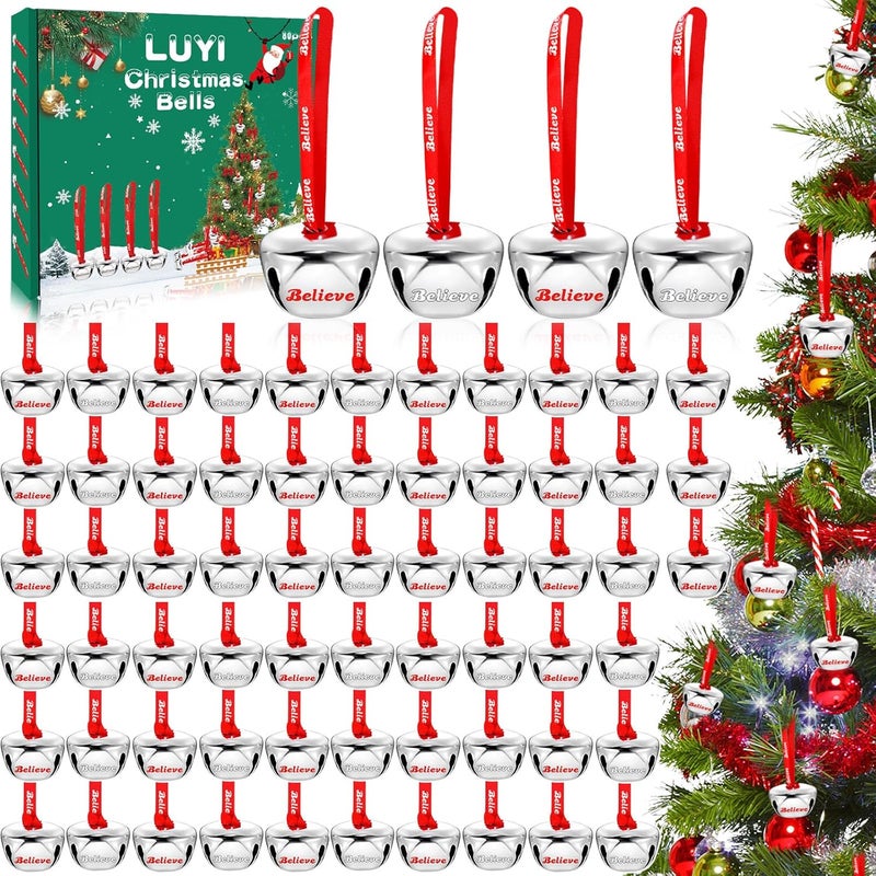 LUYI 80 Sets Christmas Bells Ornaments, Christmas Believe Bells Bulk Polar Express Decorations Xmas Party Gifts Favors Silver Sleigh Jingle Bells for Christmas Tree Home Decoration(1.6 Inch) - Image 1
